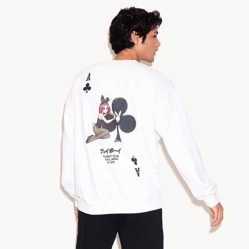 White Men's Playboy Ace of Club Crewnecks | PLBY-593015
