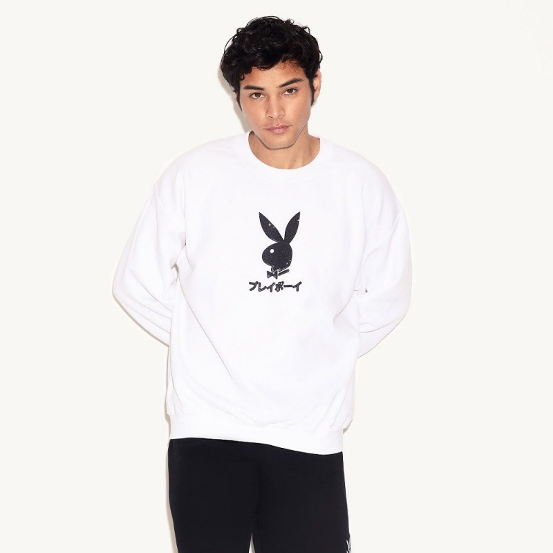 White Men's Playboy Ace of Club Crewnecks | PLBY-593015