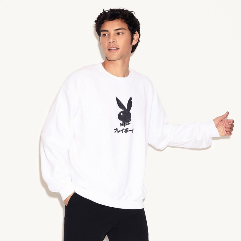 White Men's Playboy Ace of Club Crewnecks | PLBY-593015