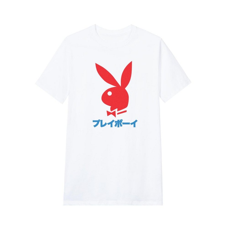 White Men\'s Playboy Japanese Rabbit Head T-shirts | PLBY-593133
