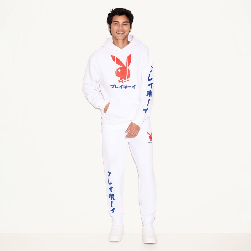 White Men's Playboy Japanese Rabbit Head Hoodies | PLBY-593036