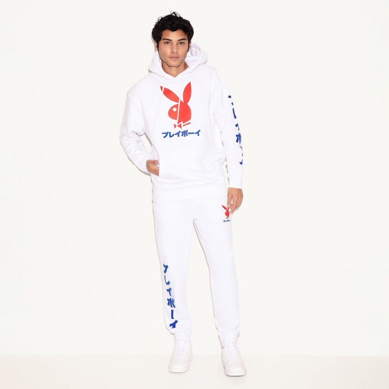 White Men's Playboy Japanese Rabbit Head Hoodies | PLBY-593036