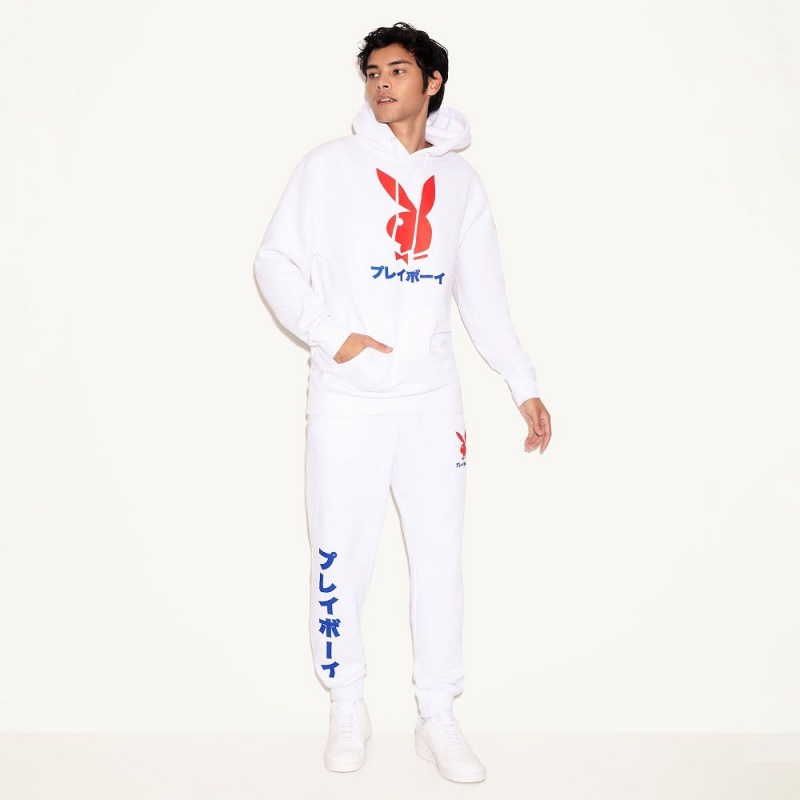White Men's Playboy Japanese Rabbit Head Hoodies | PLBY-593036