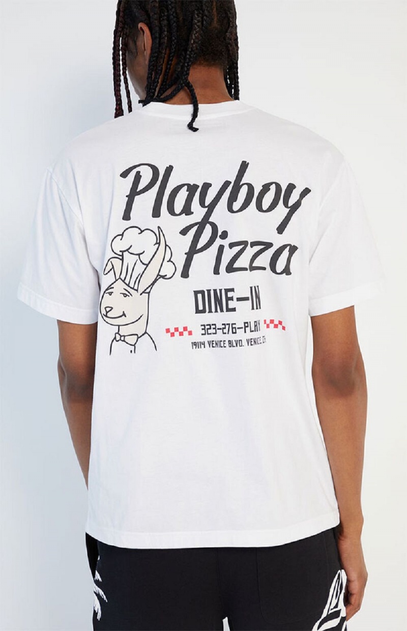White Men's Playboy Pizza T-shirts | PLBY-593127