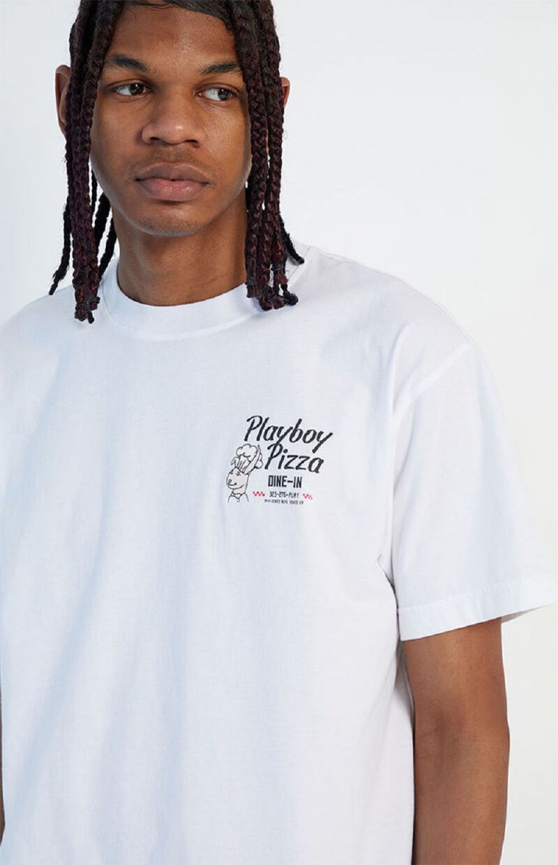 White Men's Playboy Pizza T-shirts | PLBY-593127