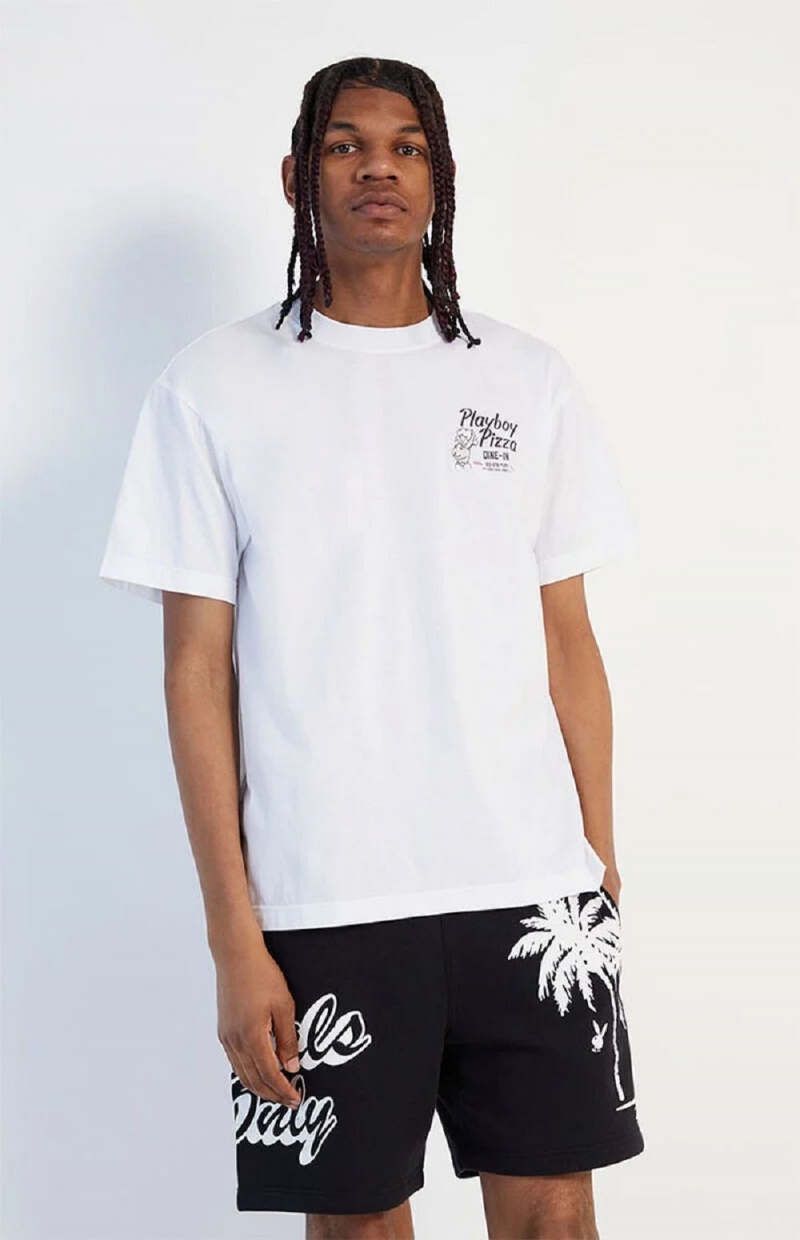 White Men's Playboy Pizza T-shirts | PLBY-593127