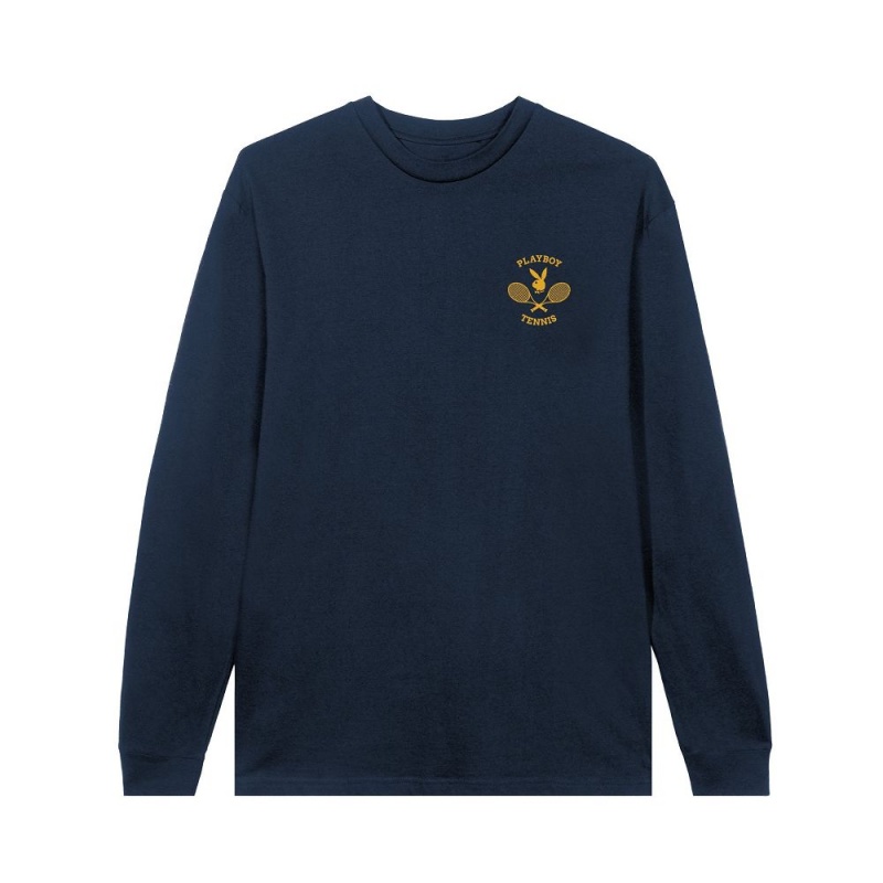White Men's Playboy Racquet Club Long Sleeve T-shirts | PLBY-593178