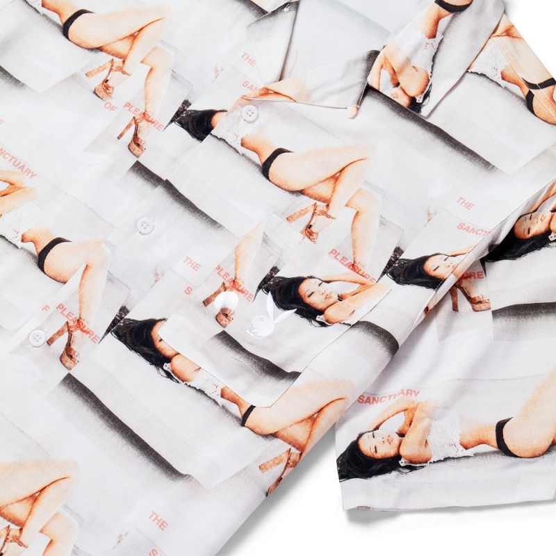 White Men's Playboy Sanctuary Camp T-shirts | PLBY-593224