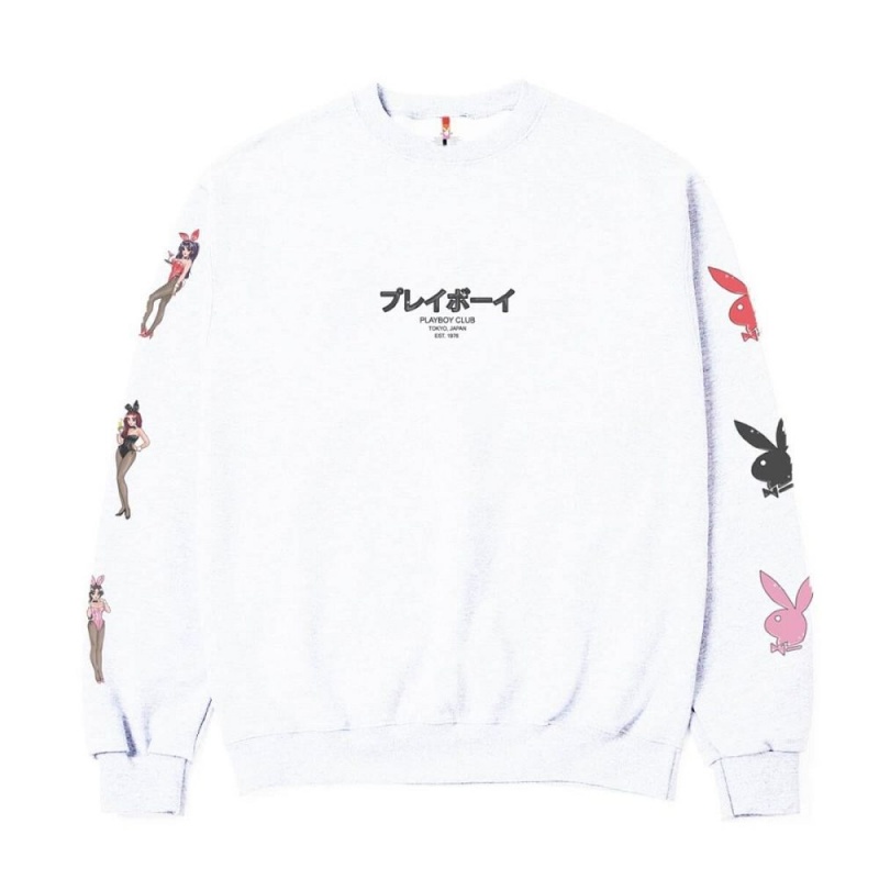 White Men\'s Playboy Tokyo Club Bunny Crewnecks | PLBY-593005