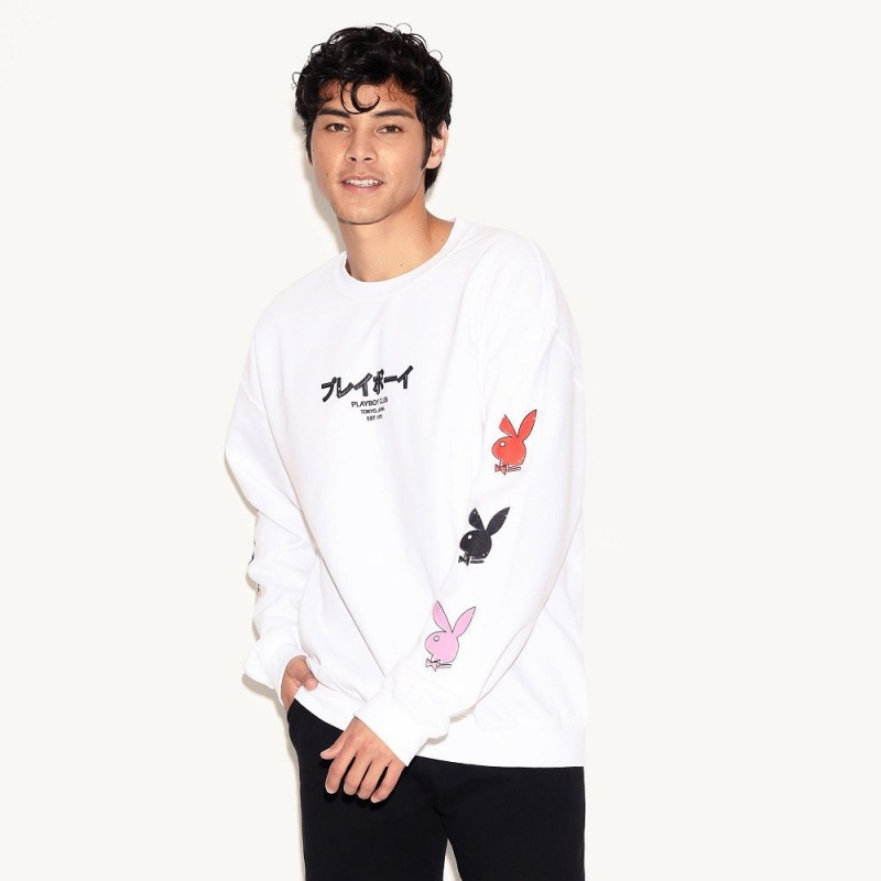 White Men's Playboy Tokyo Club Bunny Long Sleeve T-shirts | PLBY-593152