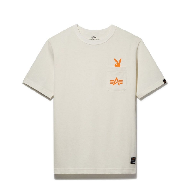 White Men\'s Playboy x Alpha Industries Play Forever Pocket T-shirts | PLBY-593217