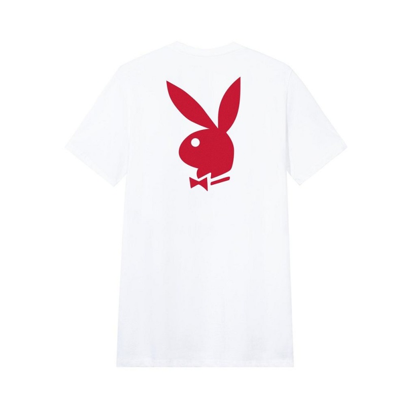 White With Black Men's Playboy Rabbit Head Logo T-shirts | PLBY-593144