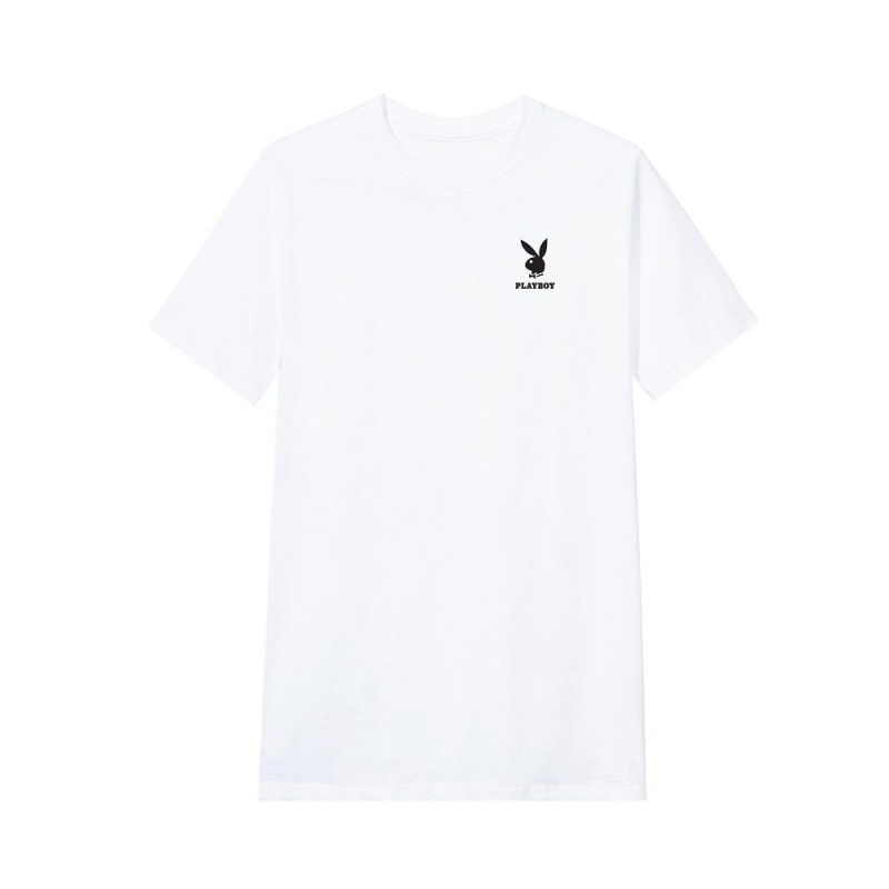 White With Black Men's Playboy Rabbit Head Logo T-shirts | PLBY-593144