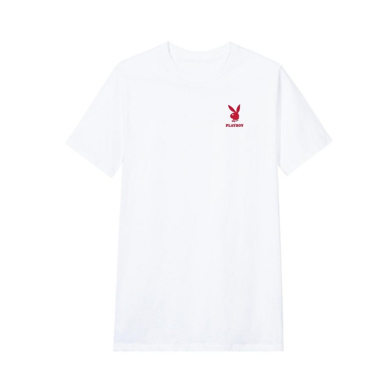 White With Black Men's Playboy Rabbit Head Logo T-shirts | PLBY-593144