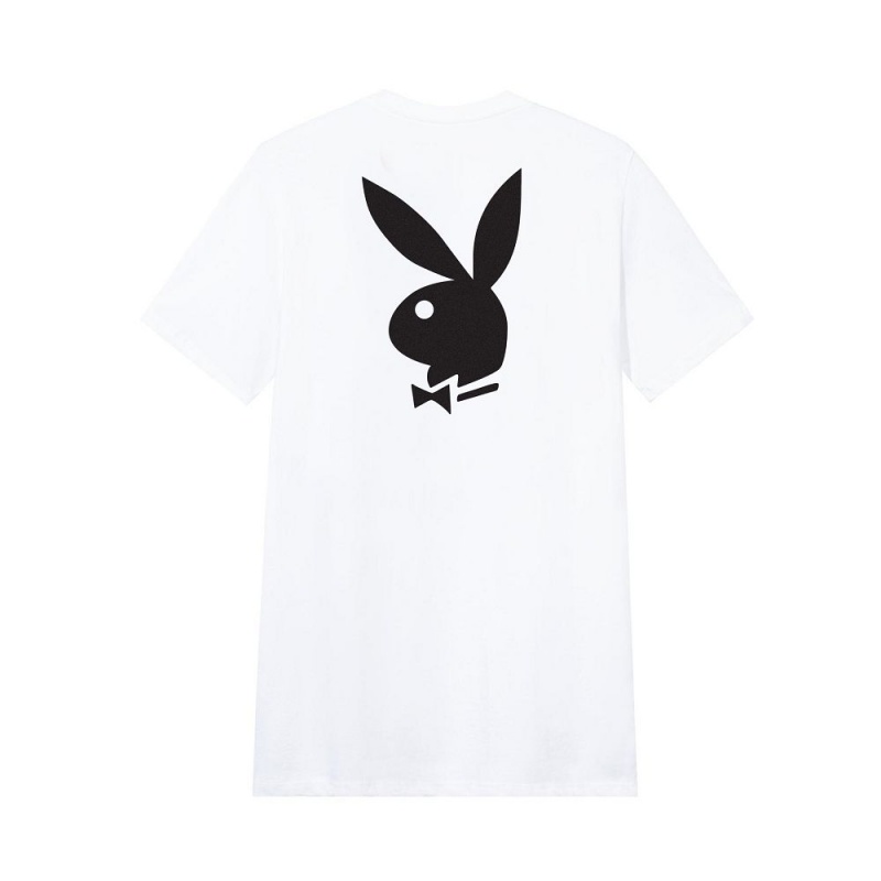 White With Black Men\'s Playboy Rabbit Head Logo T-shirts | PLBY-593144
