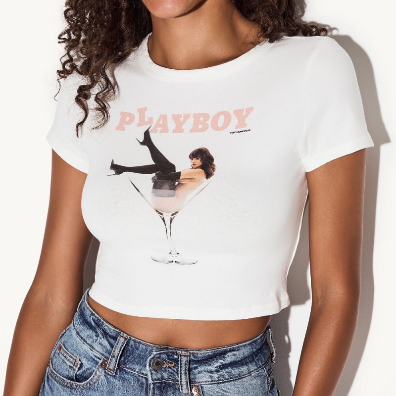 Women's Playboy Repeating Logo Denim T-shirts | PLBY-592883